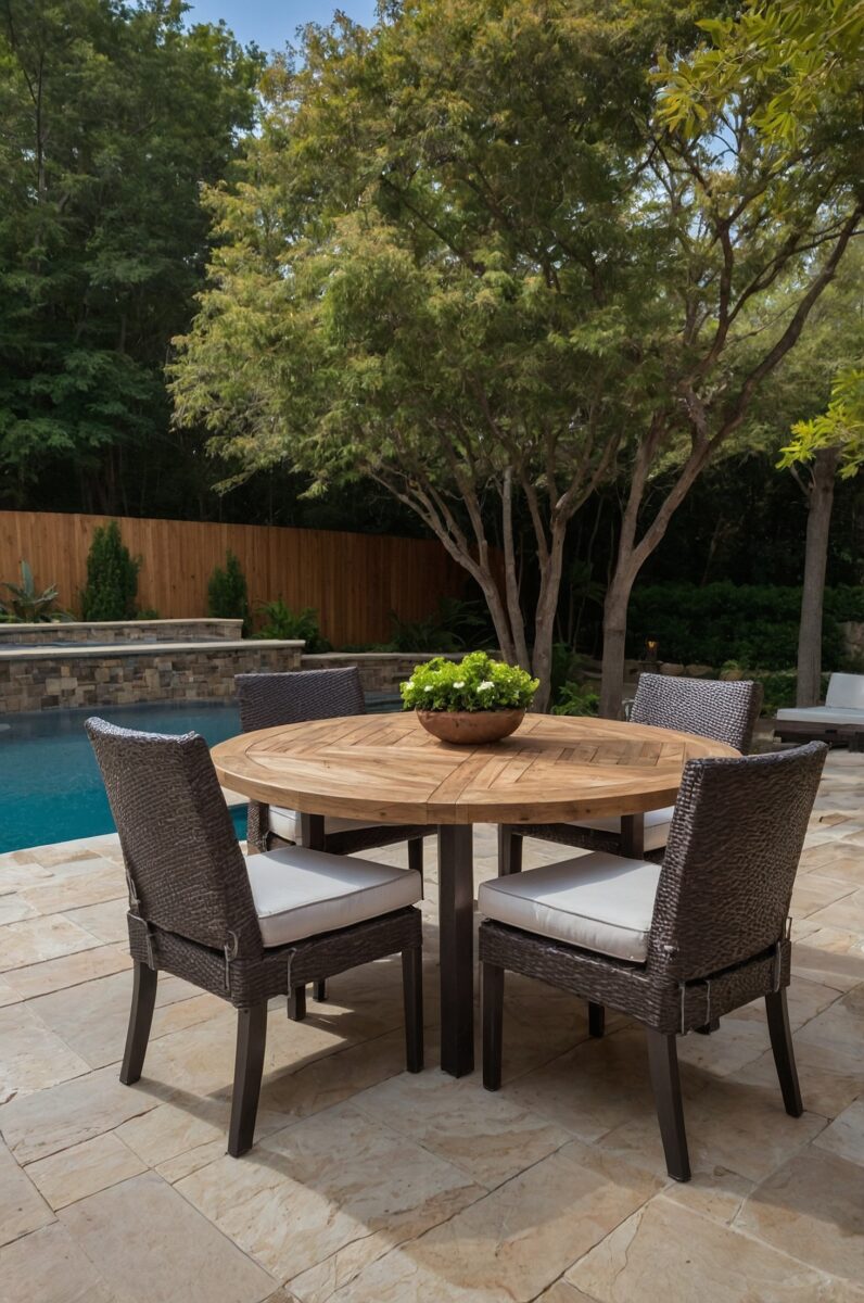 dining area complete with weather-resistant table and chairs in semi inground pool