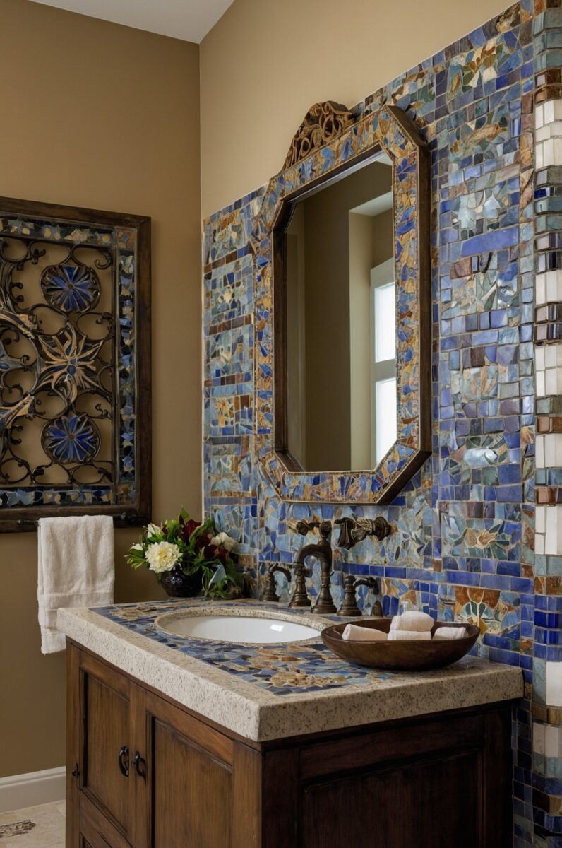 Mosaic Tile Accents in Mediterranean bathroom