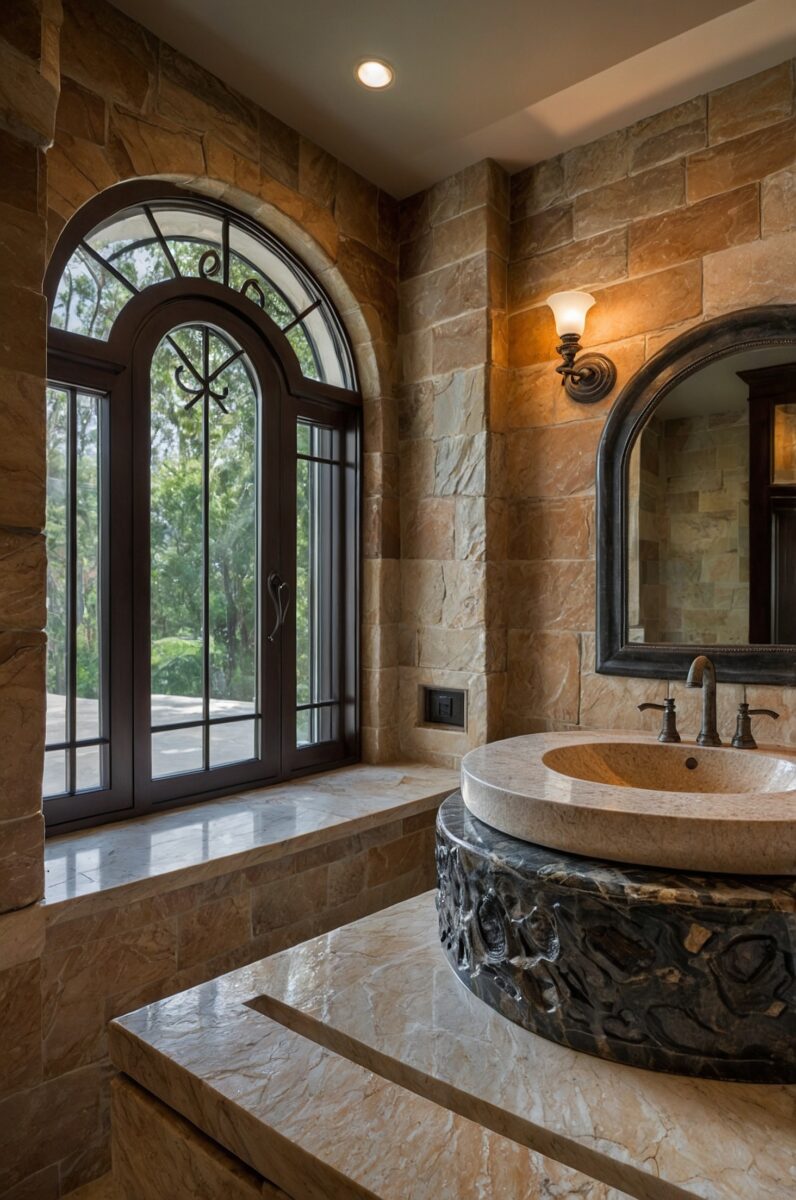 Natural Stone Sinks and Countertops in Mediterranean Bathroom