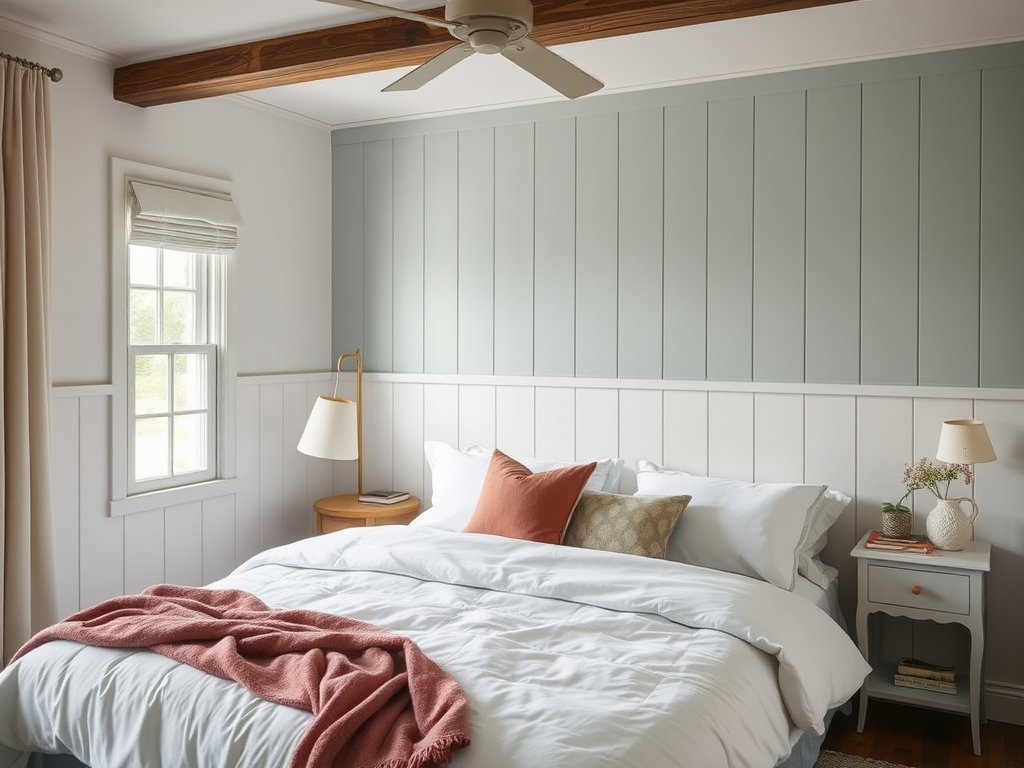 Painted accent shiplap in the bedroom