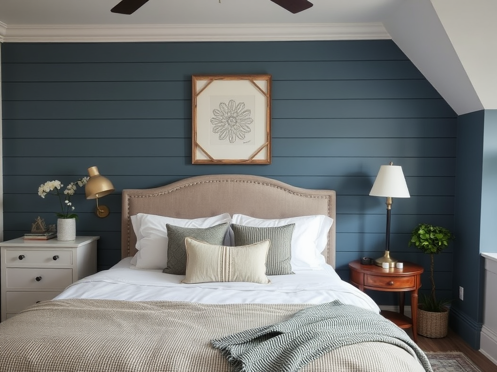 Painted accent shiplap in the bedroom