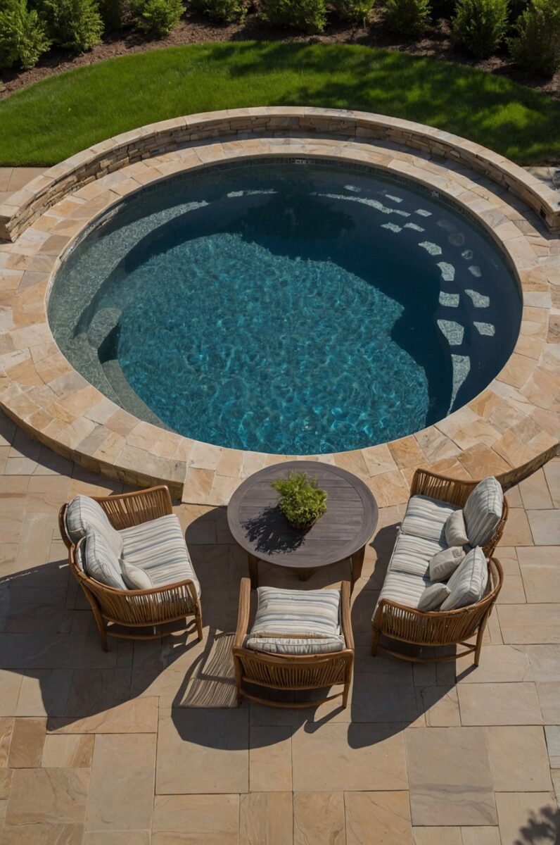 dining area complete with weather-resistant table and chairs in semi inground pool