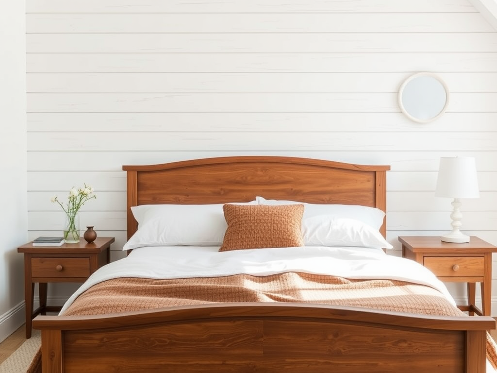 White horizontal shiplap behind the bed
