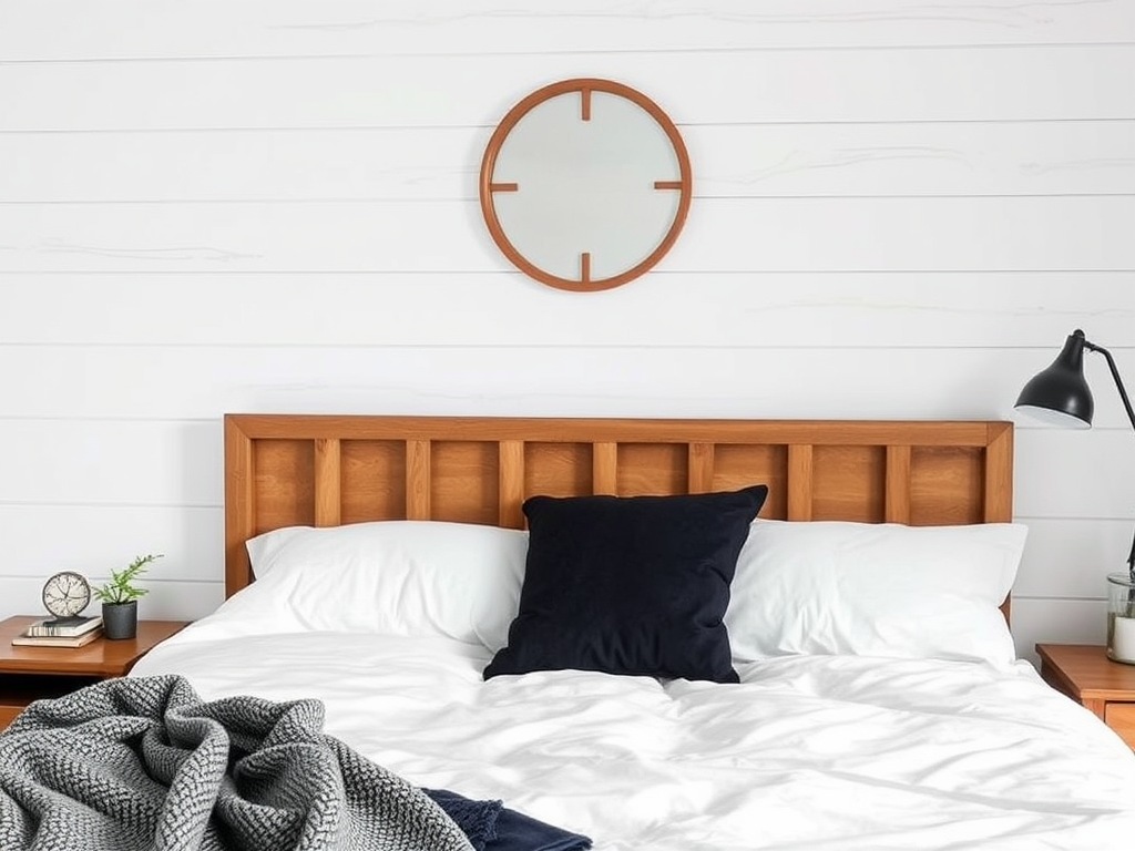 White horizontal shiplap behind the bed