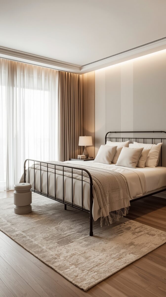 Modern minimalist bedroom with black metal bed frame, beige bedding, sheer curtains, and warm lighting on hardwood floors