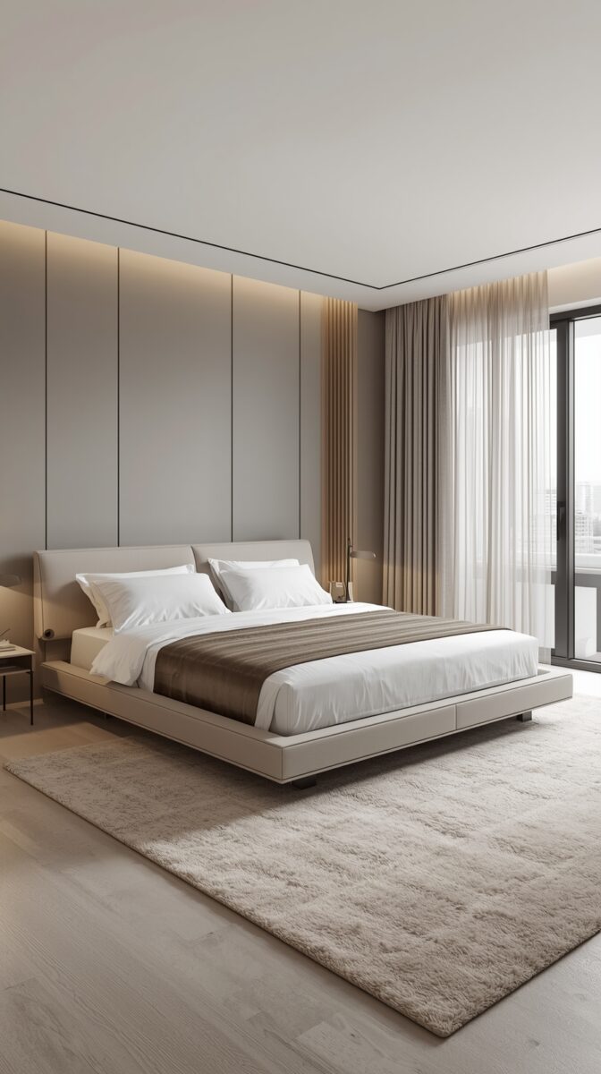 Modern minimalist bedroom with platform bed, beige paneled walls, floor-to-ceiling windows, and ambient lighting
