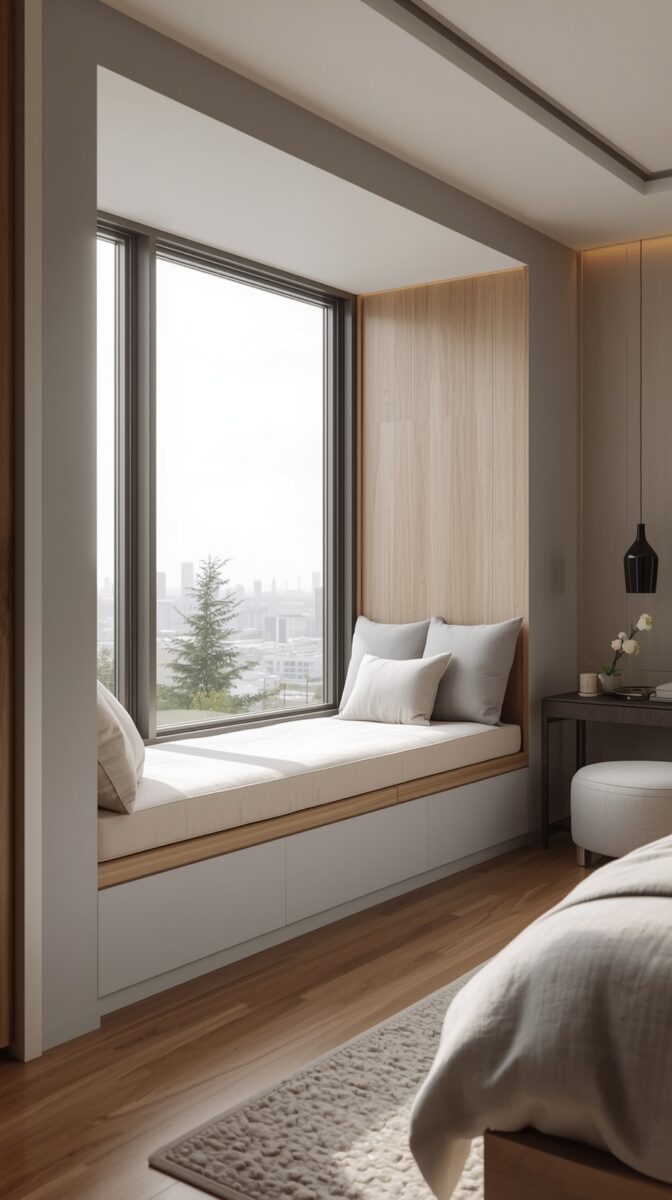 Modern window seat with white cushions and wooden accent wall, overlooking city skyline through large window with pine tree view