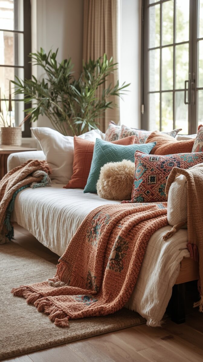 Cozy white daybed with terracotta and turquoise throw pillows, textured blanket, and large indoor plant by bright windows