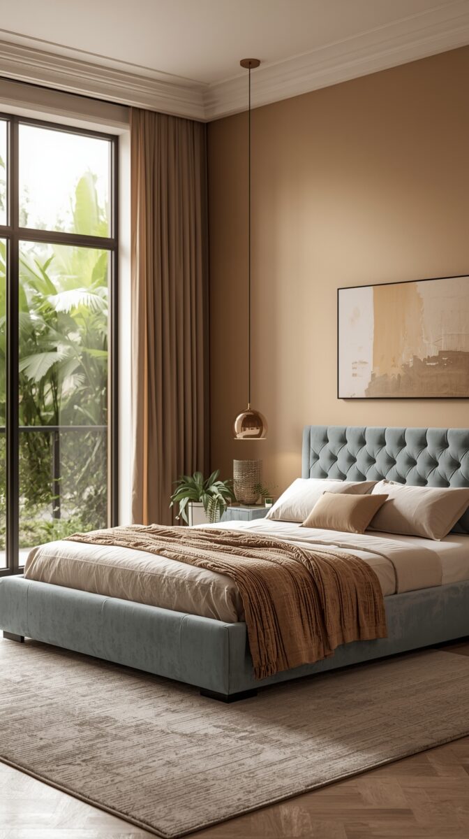 Modern bedroom with teal tufted bed, floor-to-ceiling window, tropical plants outside, beige walls, and pendant lighting