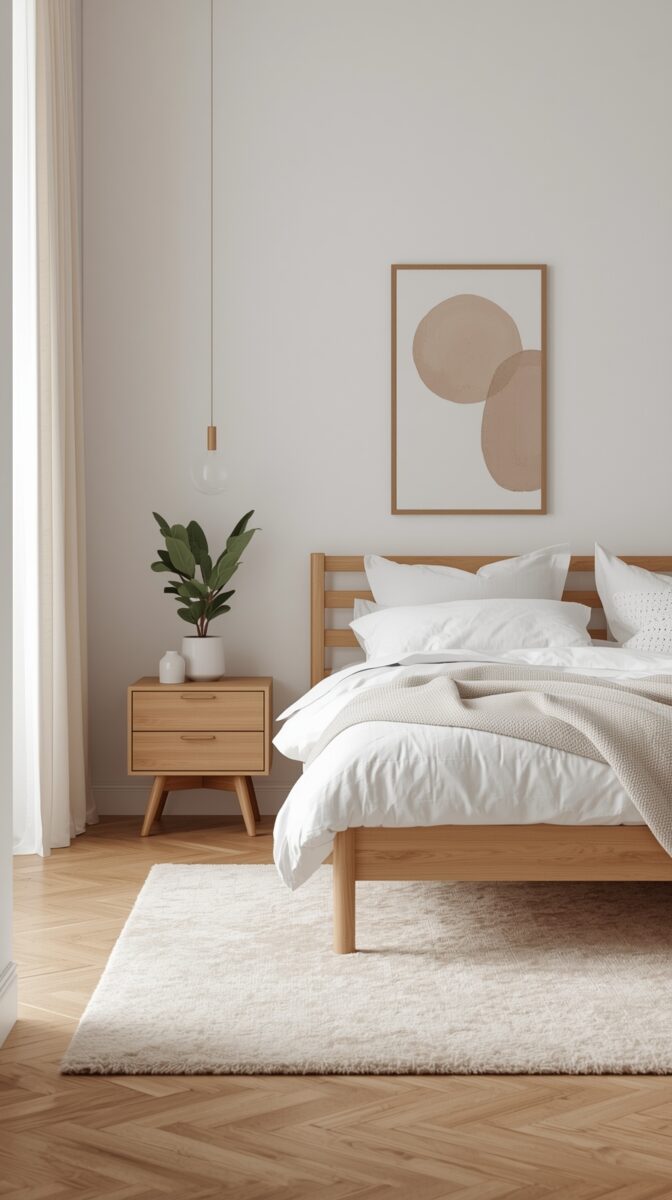 Minimalist bedroom with wooden bed frame, white bedding, beige abstract wall art, and potted plant on mid-century nightstand