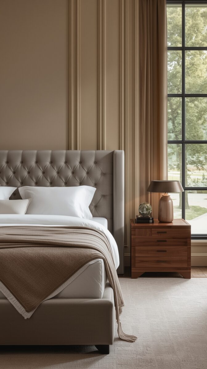 Luxurious bedroom with tufted grey headboard, white bedding, wooden nightstand, and tall windows with natural light