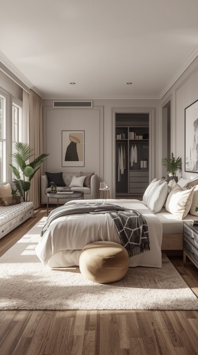 Modern minimalist bedroom with neutral tones, featuring white bedding, built-in closet, grey sofa, and abstract wall art