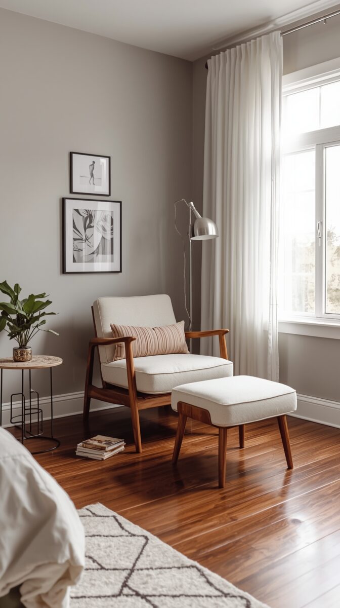 Mid-century modern reading corner with white armchair, ottoman, floor lamp, and black and white wall art in minimalist room