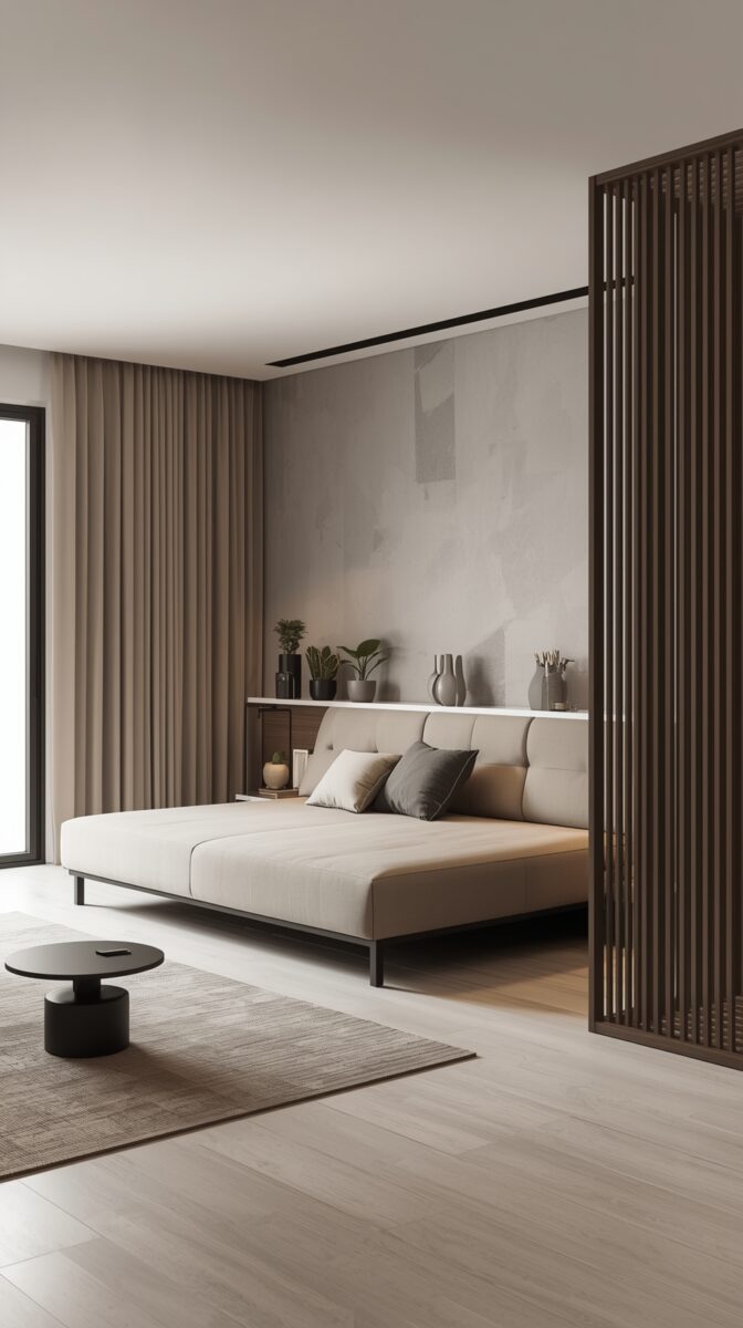Modern minimalist bedroom with beige platform bed, wooden slat divider, potted plants on shelf, and black accent table
