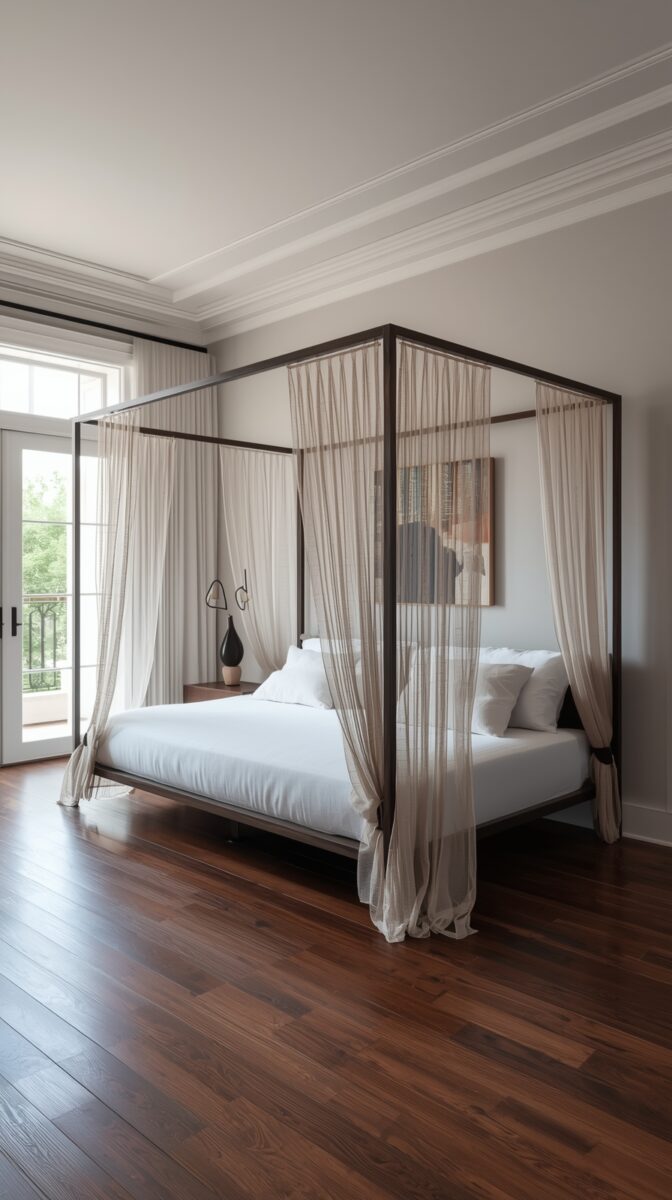 Modern four-poster bed with sheer white curtains, dark wood frame, white bedding, and hardwood floors in a bright bedroom