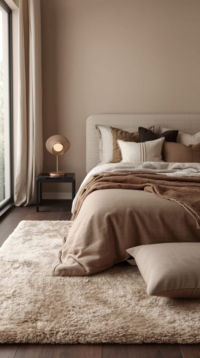Modern minimalist bedroom with beige bedding, plush carpet, decorative pillows, and contemporary table lamp beside large window