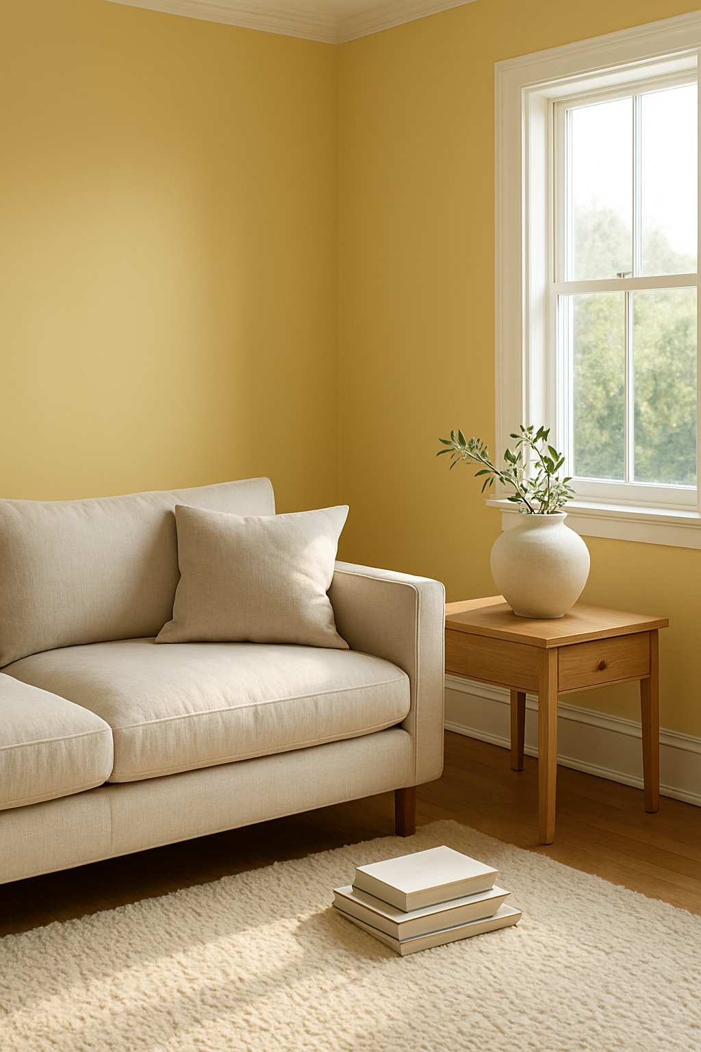 Living room with butter yellow walls and white trim in afternoon daylight