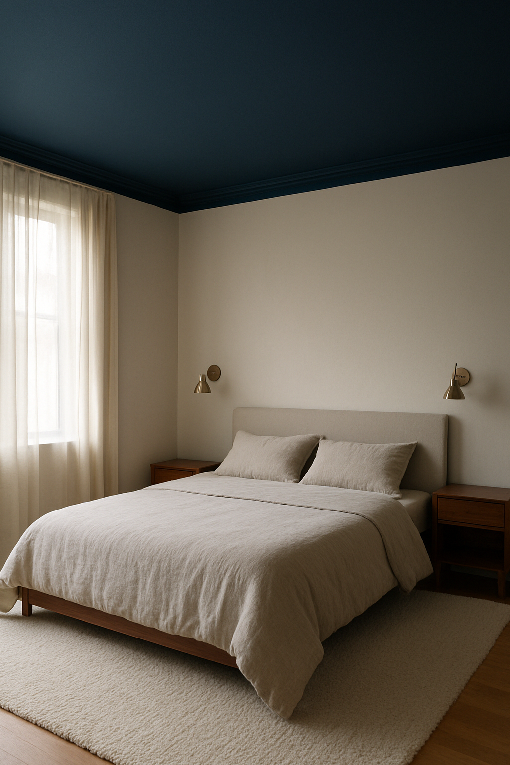 Navy blue bedroom ceiling above a linen-covered low bed