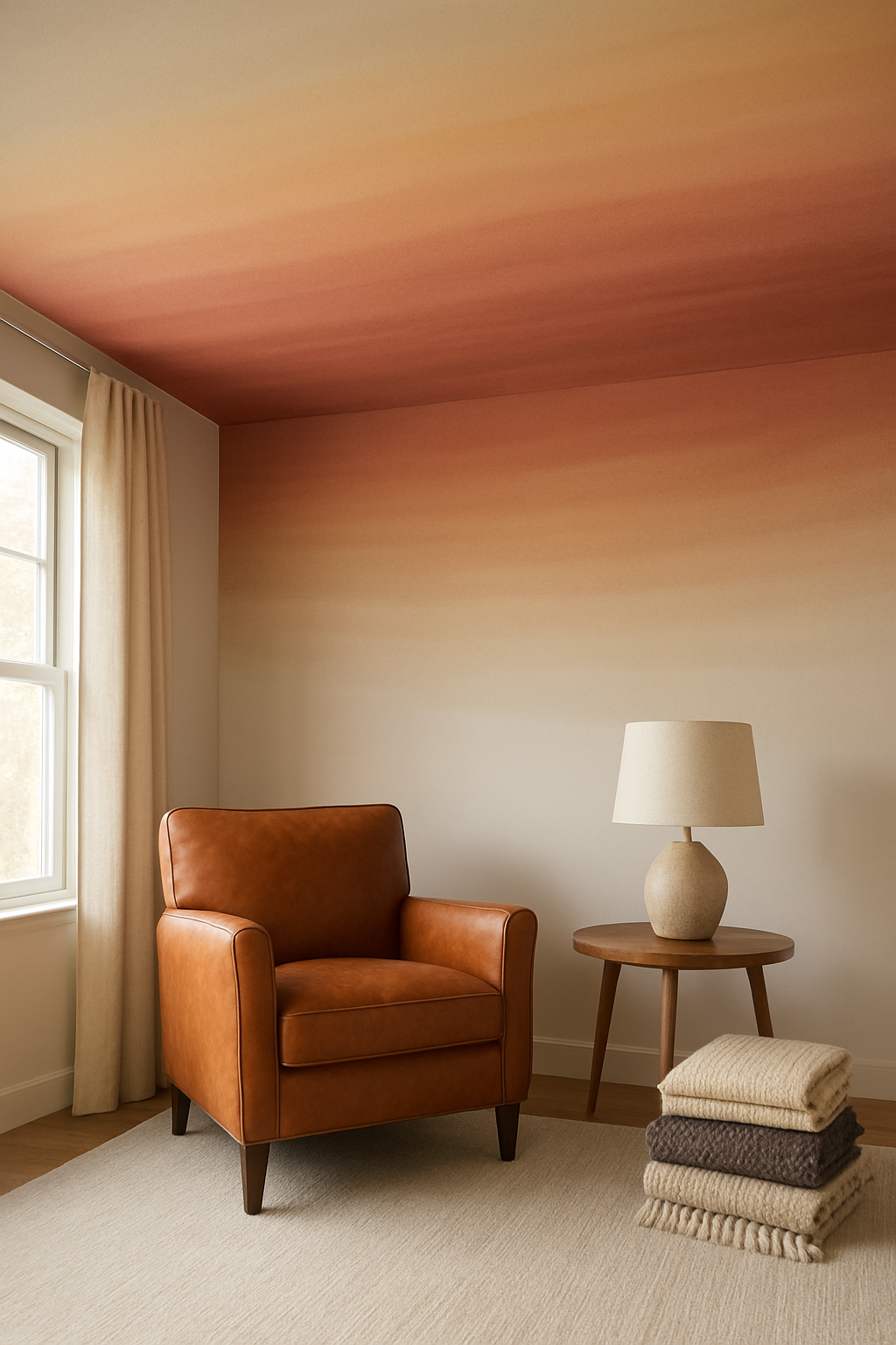Wide den view showing a blended ombre ceiling gradient