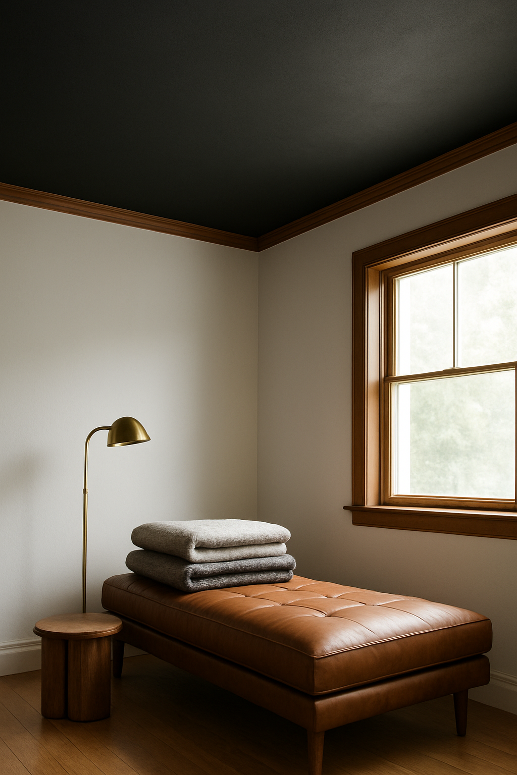 Close view of a black ceiling above a leather daybed