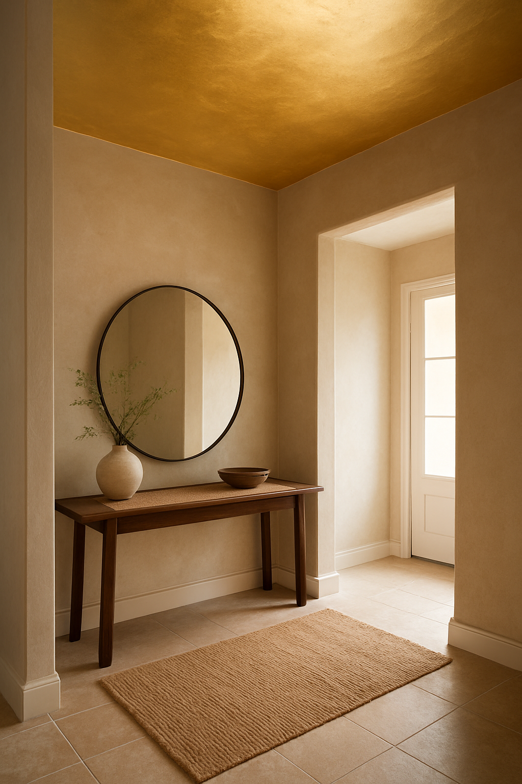 Wide entryway view with a metallic gold ceiling overhead
