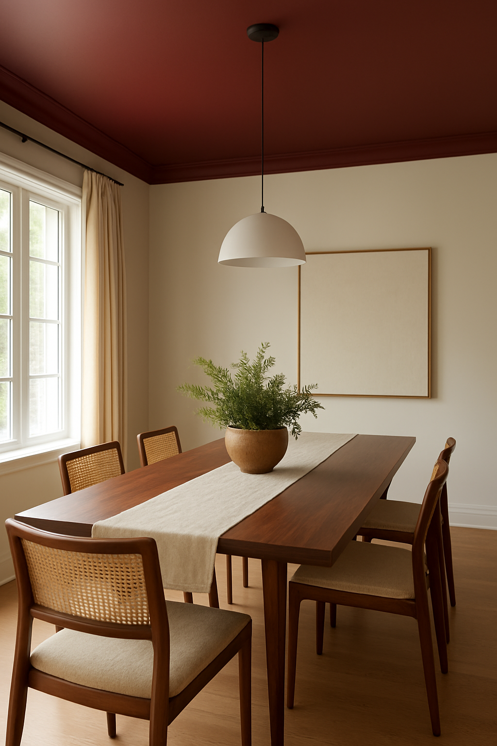 Burgundy ceiling glowing warm above a walnut dining table