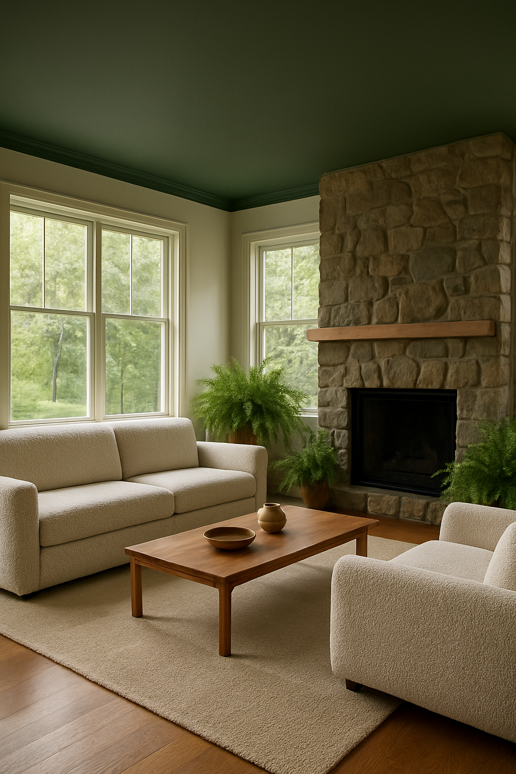 Forest green ceiling above a plant-filled family room
