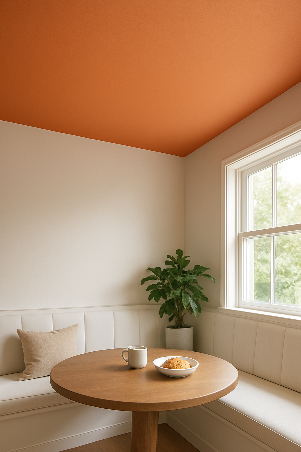 Breakfast nook with a burnt orange ceiling above a white banquette