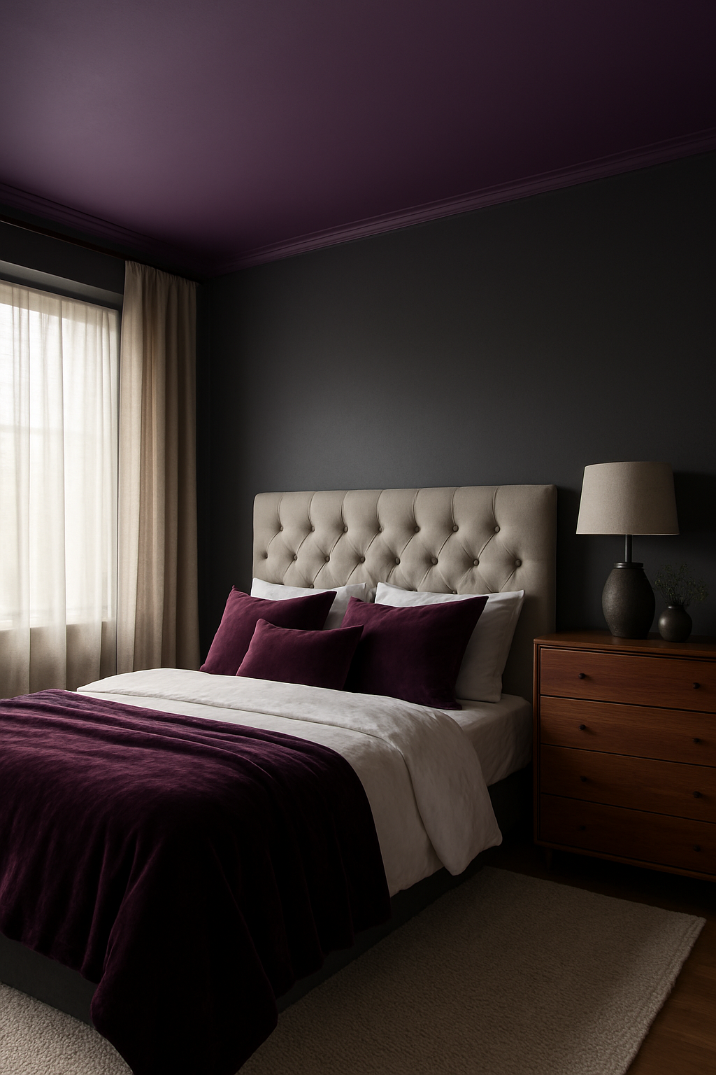 Wide bedroom view with a deep plum purple ceiling