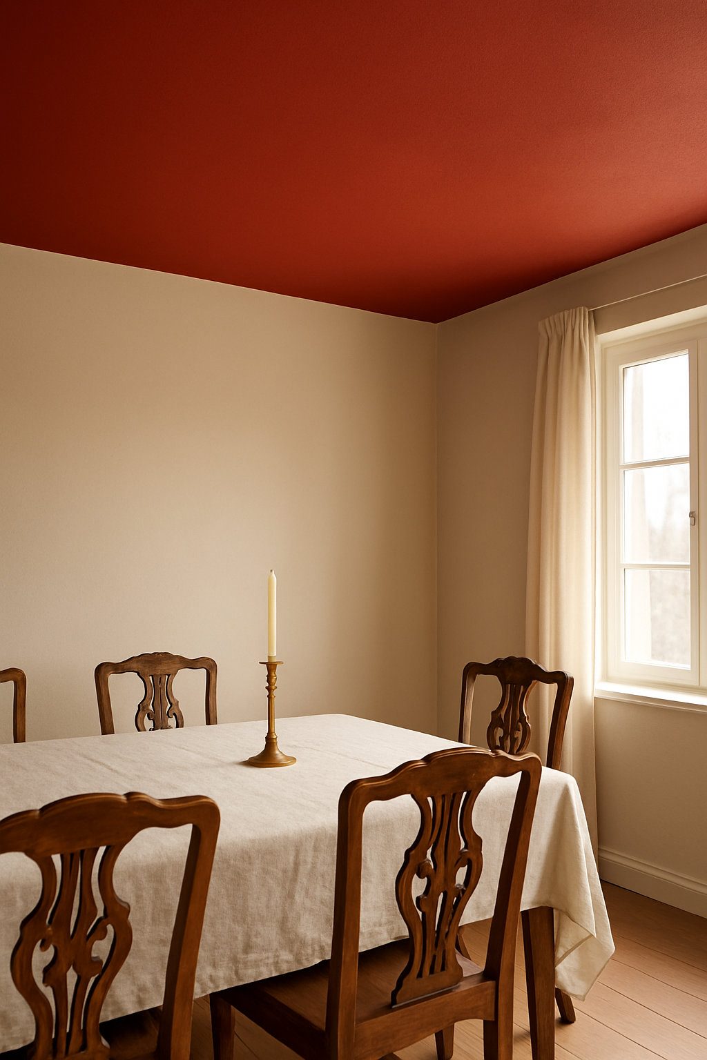 Dining room with a flat brick red ceiling above carved wood chairs