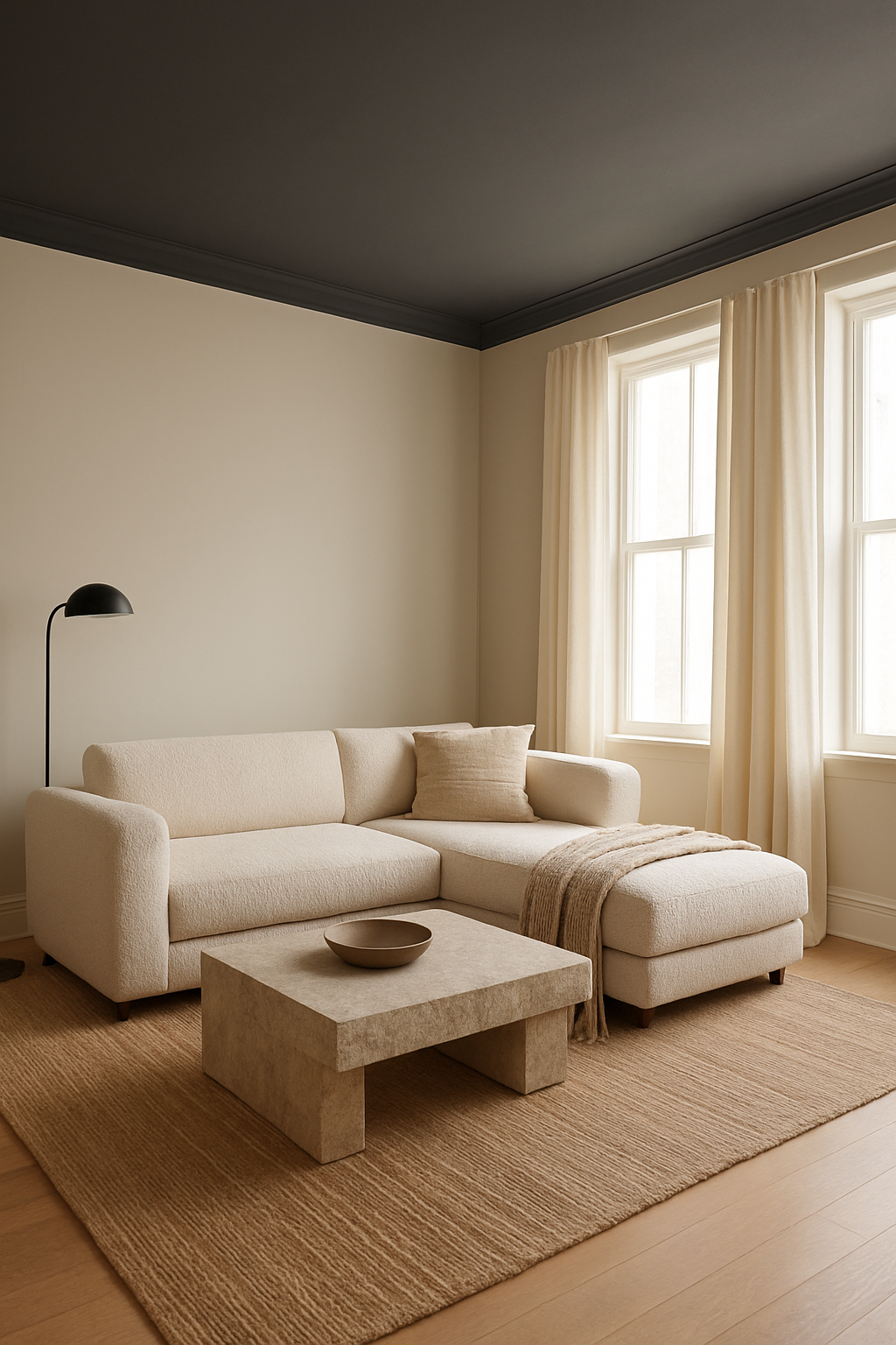 Charcoal gray ceiling above a bouclé living room sectional