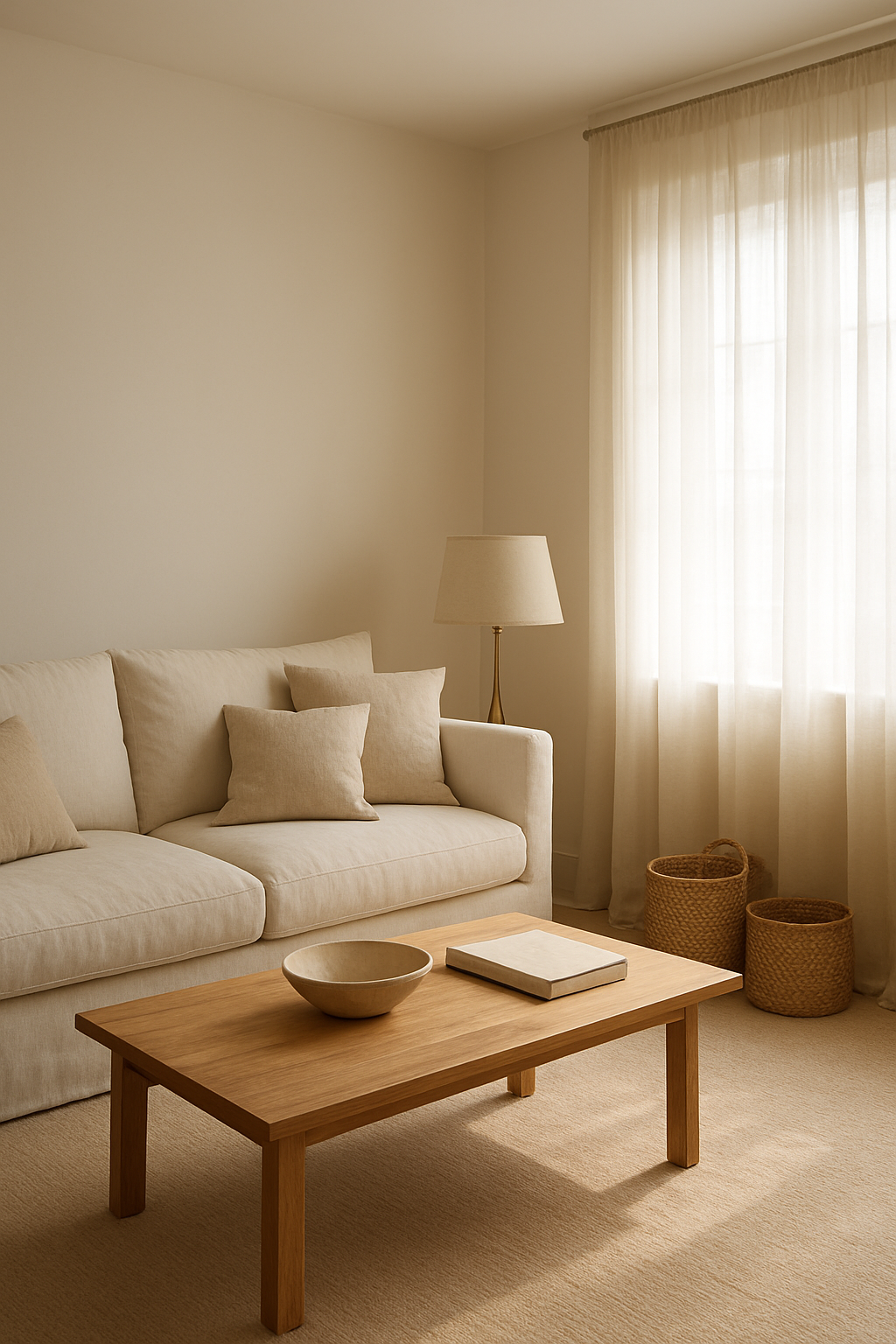Living room with cream walls and warm beige carpet