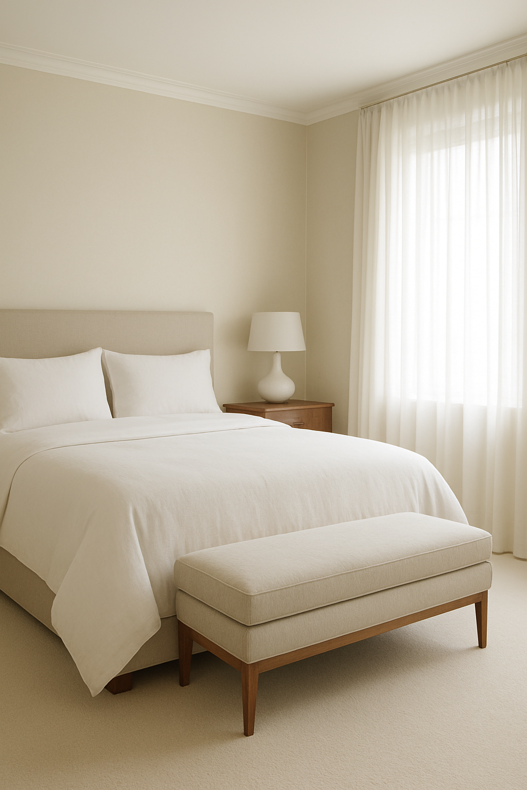 Guest room with cream walls and ivory carpet