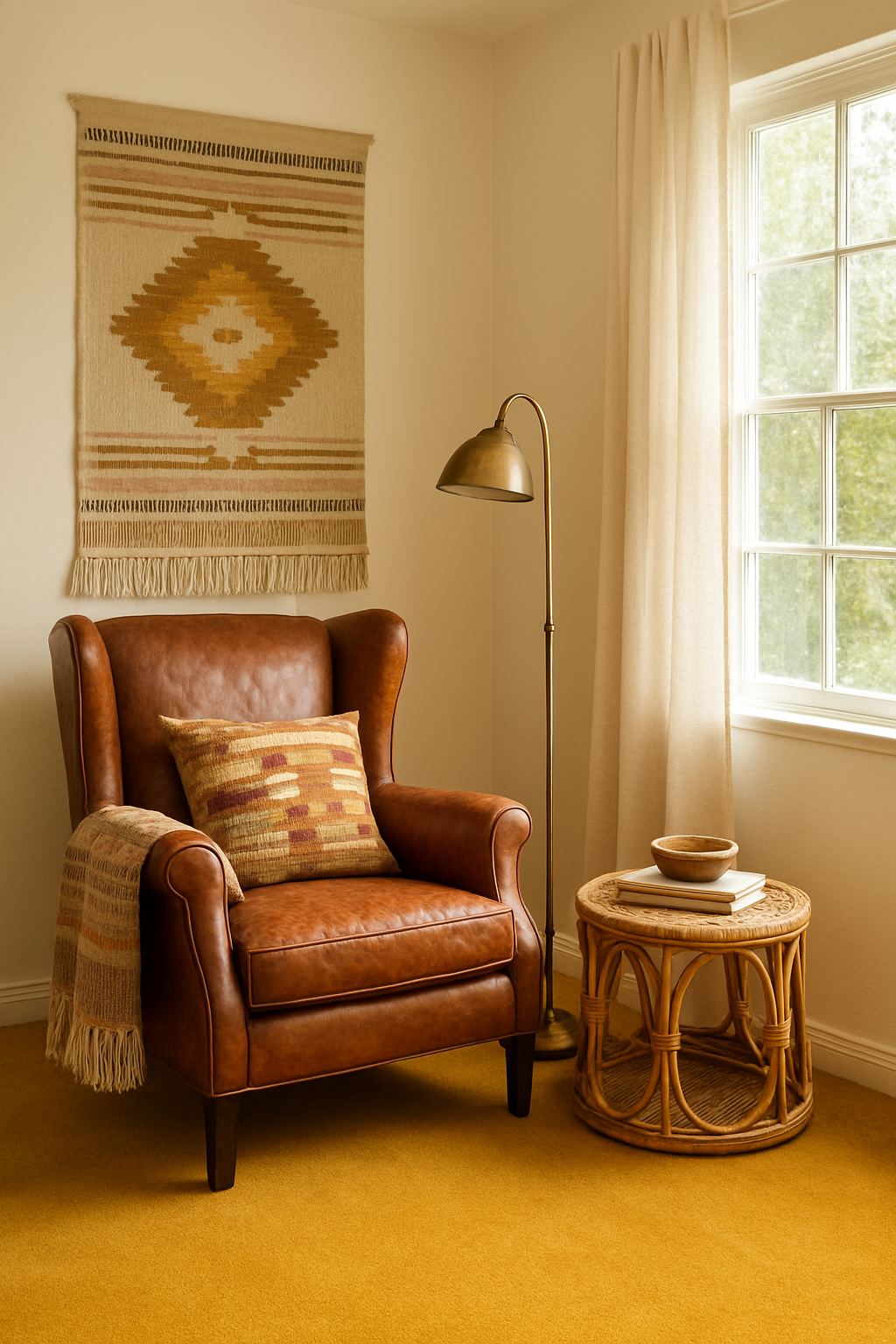 Den with cream walls and mustard yellow carpet