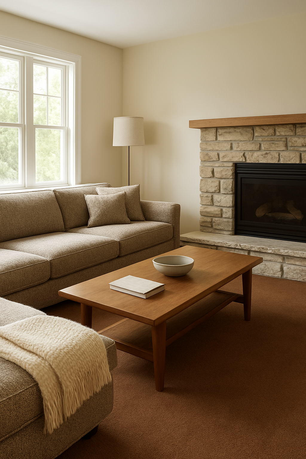 Family room with cream walls and warm brown carpet
