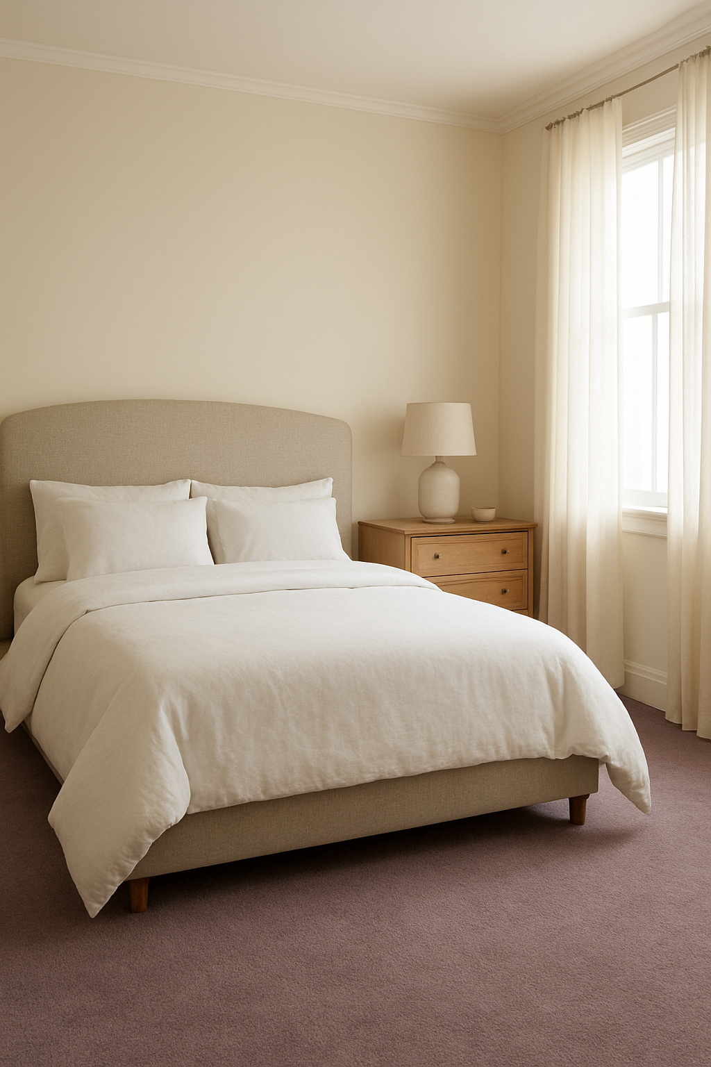 Bedroom with cream walls and dusty lavender carpet