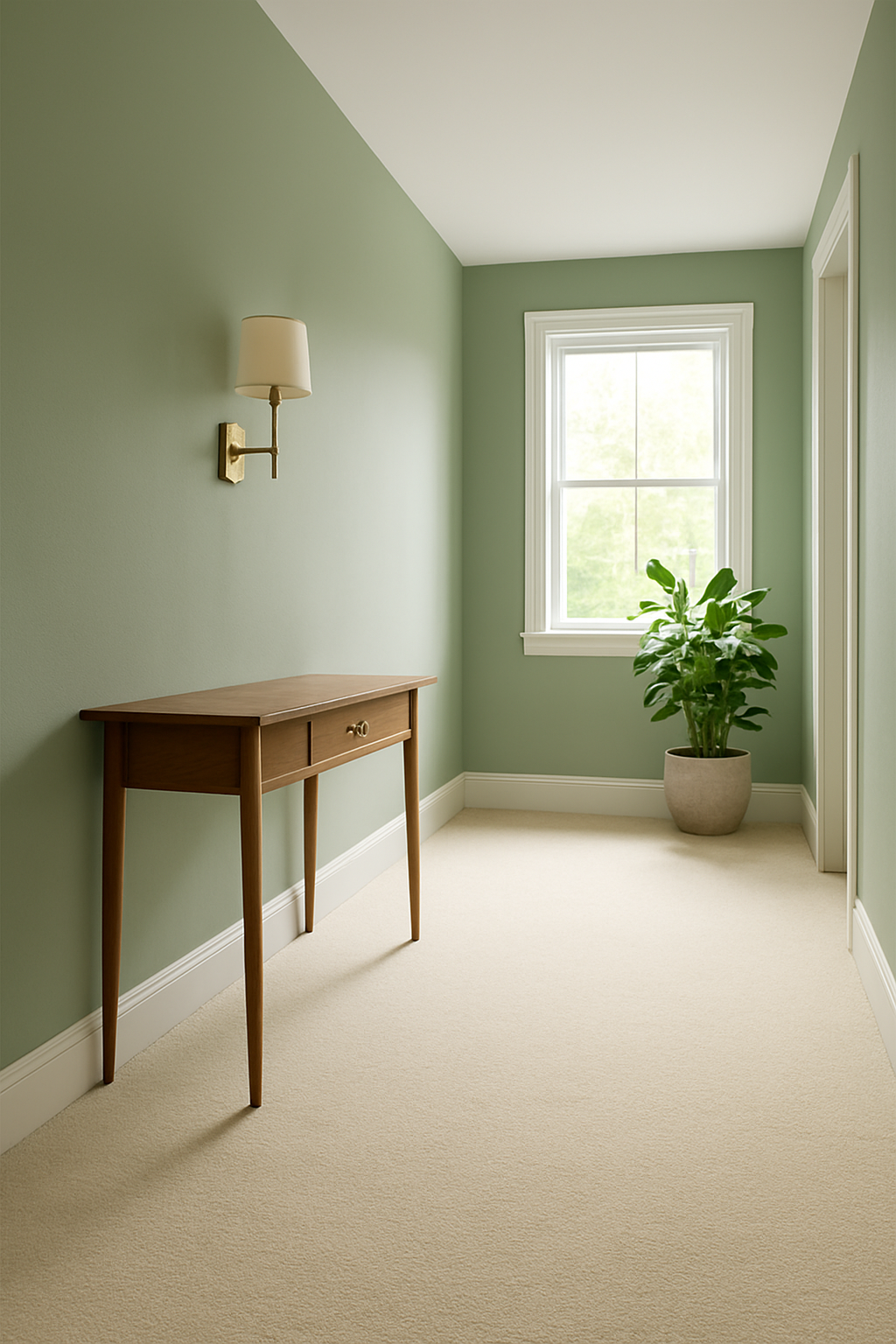 Hallway with sage green walls and cream carpet