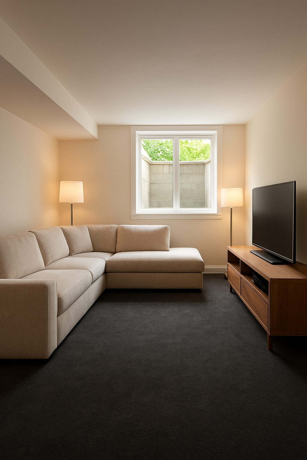 Basement with cream walls and charcoal gray carpet