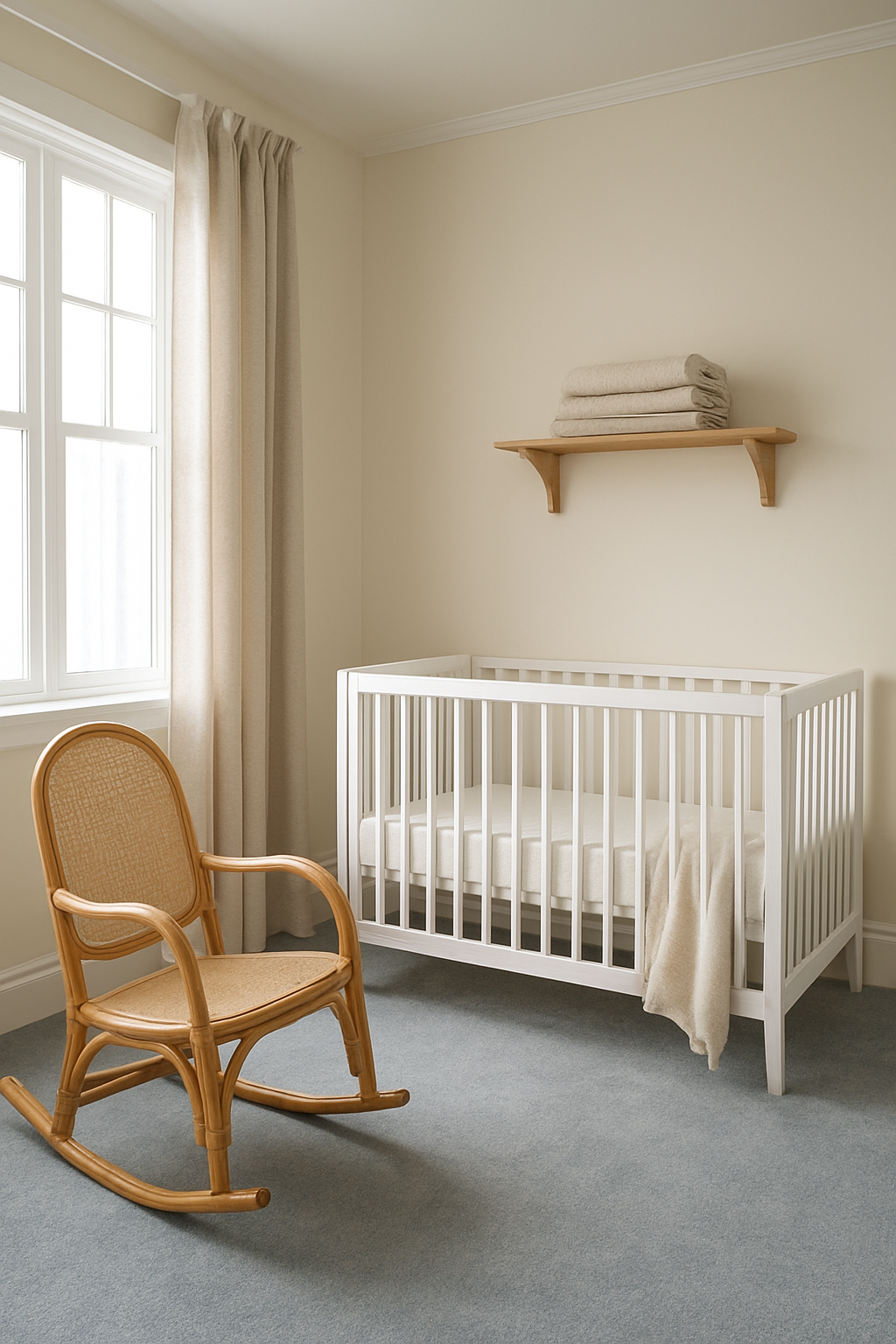 Nursery with cream walls and soft gray-blue carpet