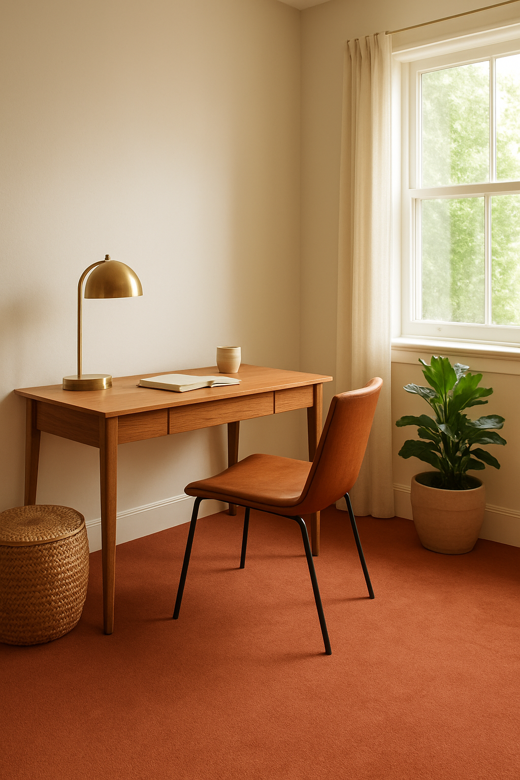 Home office with cream walls and terracotta carpet