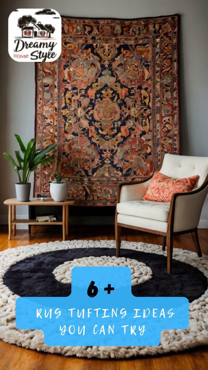 Modern living room with tufted circular rug, vintage tapestry, white armchair, and wooden side table with plants