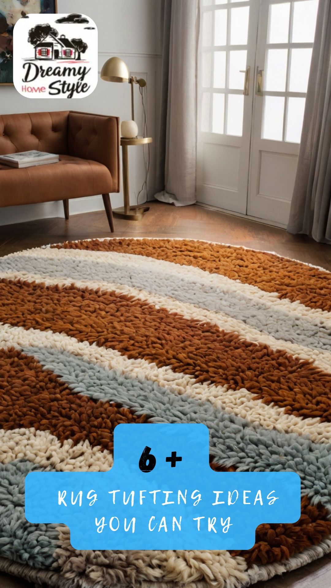 Cozy living room with brown tufted chair, gold floor lamp, and large textured area rug in brown, white and gray stripes