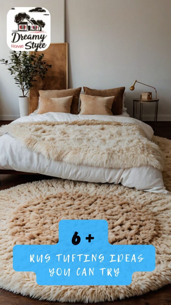 Cozy bedroom with white bedding, brown pillows, faux fur throw, plush cream rug, potted plant and 'Dreamy Home Style' logo