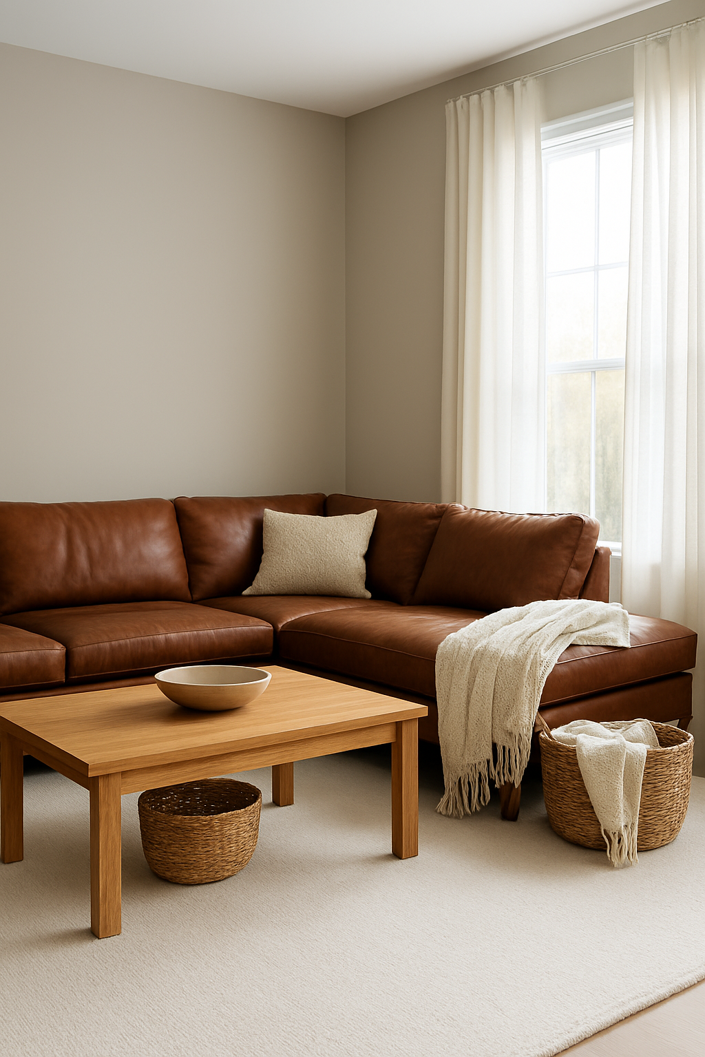 Family room with greige walls and a cream carpet beside a brown leather sectional