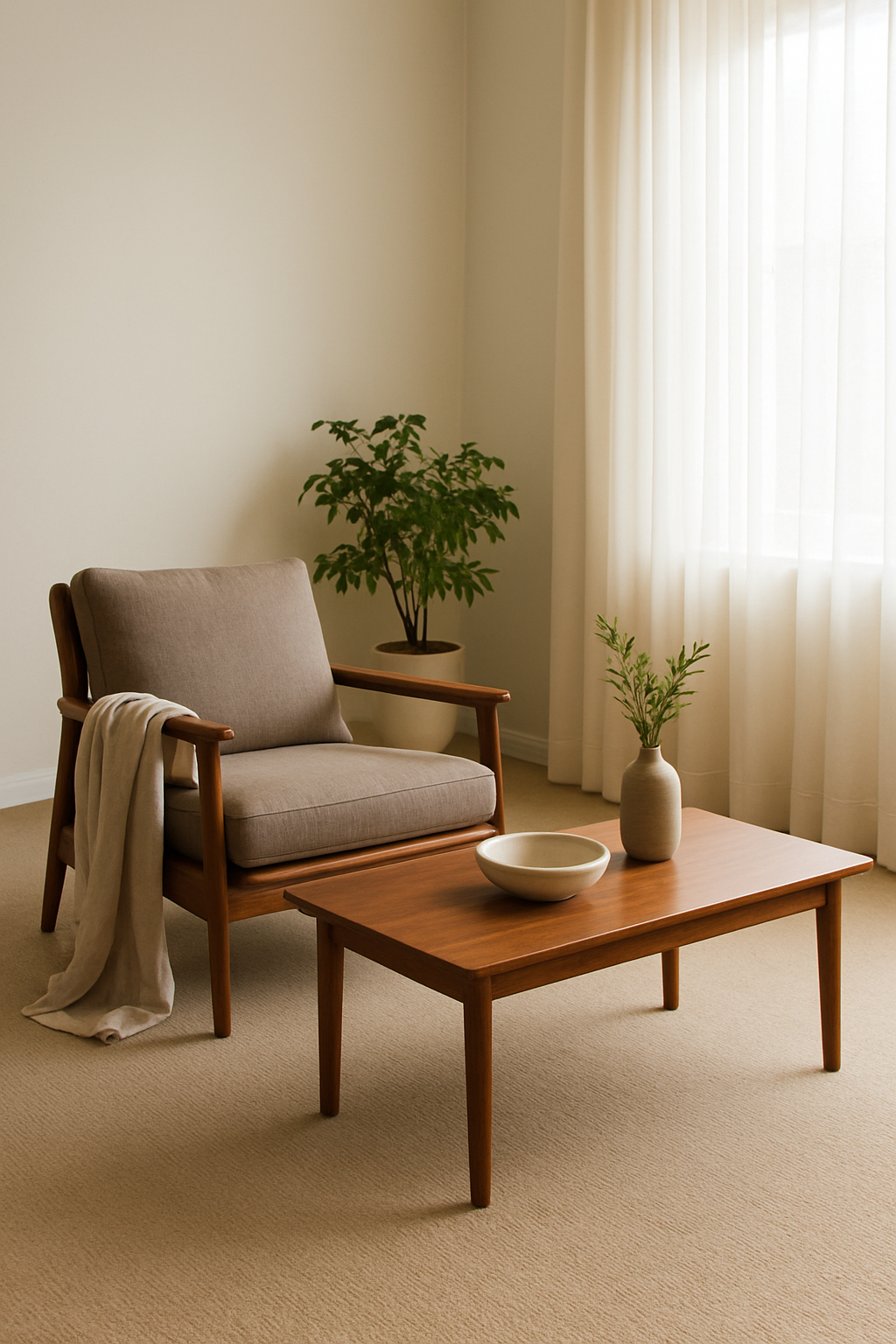 Living room with white walls and a tan carpet beside a brown wood armchair