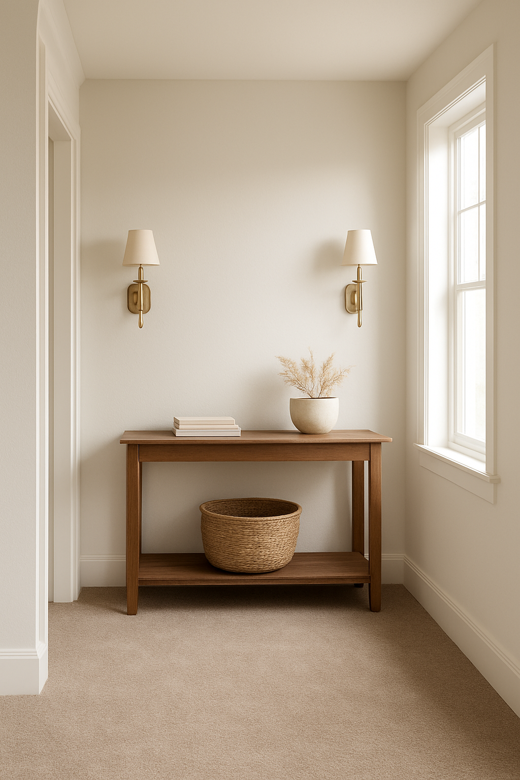 Hallway with white walls and a taupe carpet beside a brown wood console table
