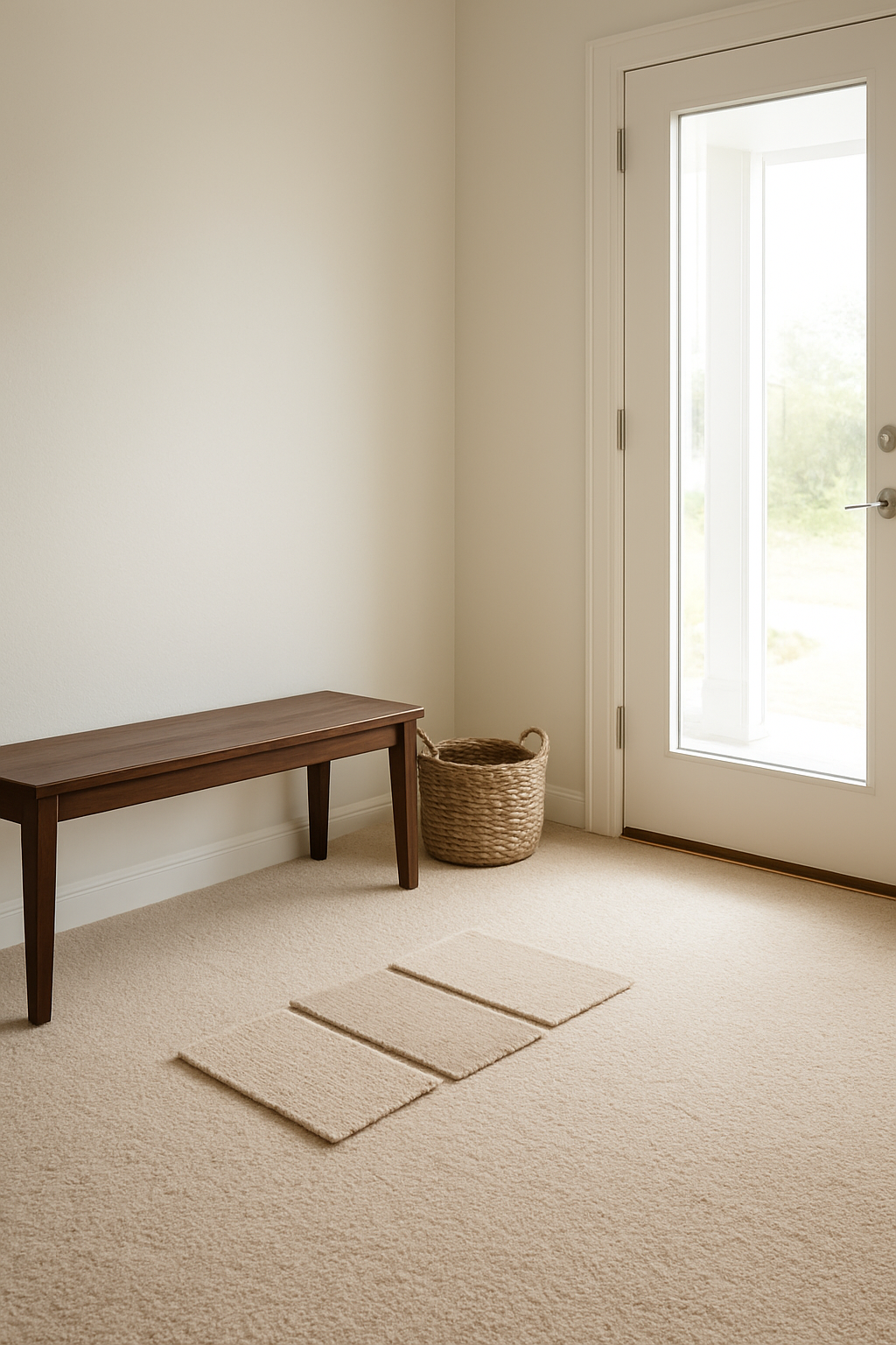 Entryway with white walls, an oatmeal carpet, and loose carpet swatches nearby