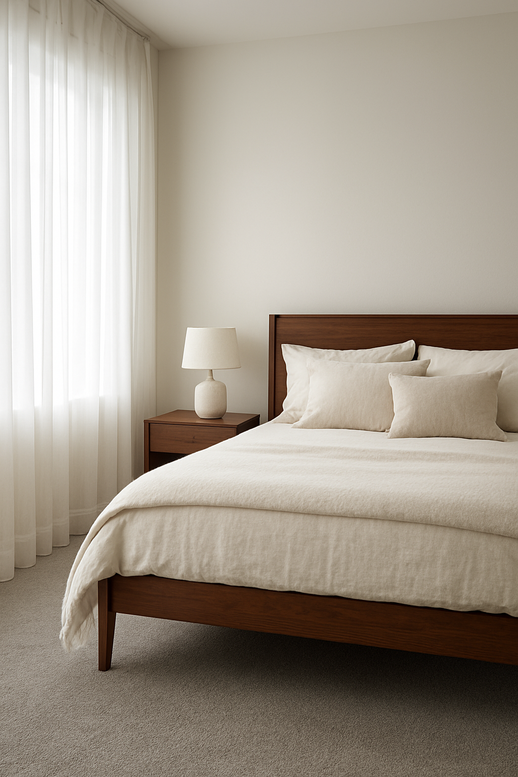 Guest room with white walls and a warm gray carpet near a brown wood bed frame