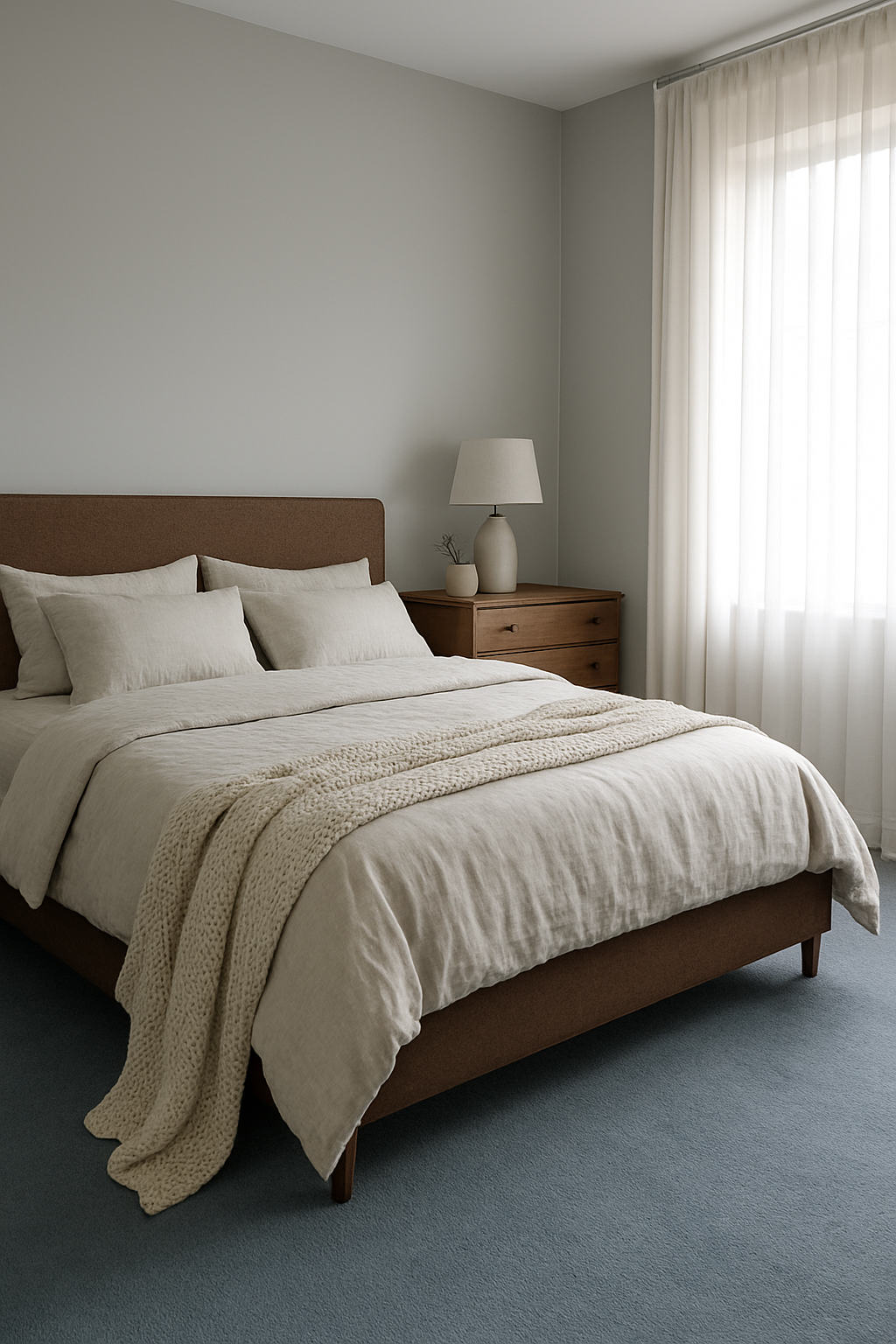Bedroom with gray walls and a dusty blue carpet beside a brown upholstered bed