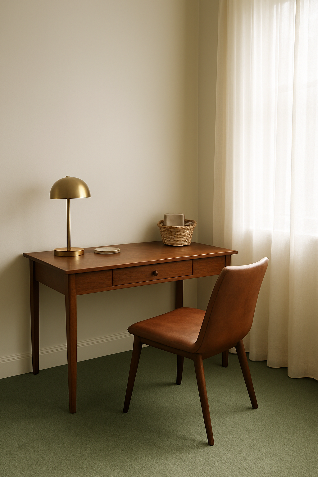 Home office with white walls and a sage green carpet under a brown wood desk